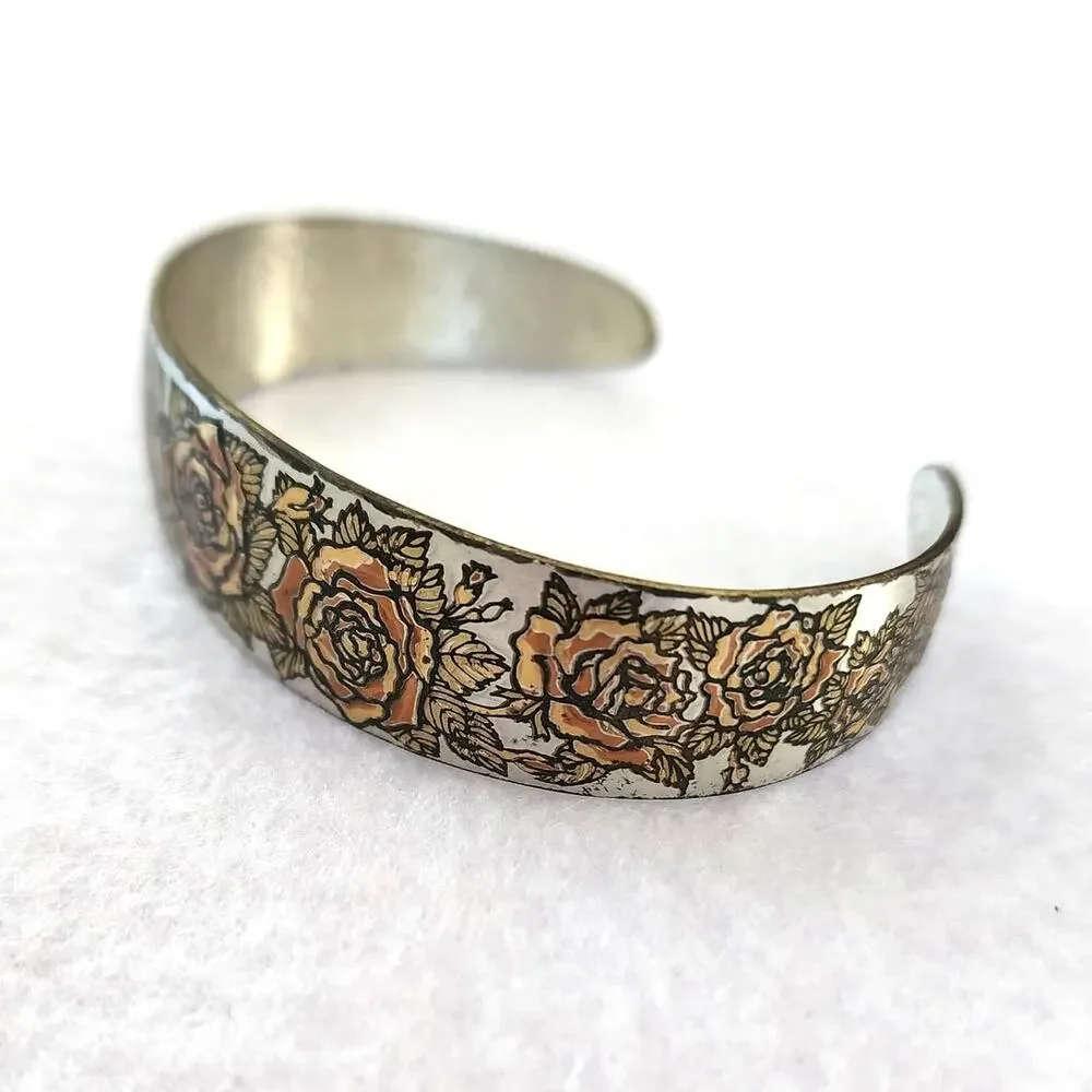 Reed & Barton Damascene Rose Cuff Bracelet Gold Tone Floral Vintage - Picture 6 of 9